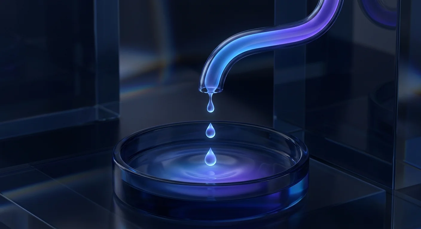 A glass pipe with three small drips falling into a wider glass basin below