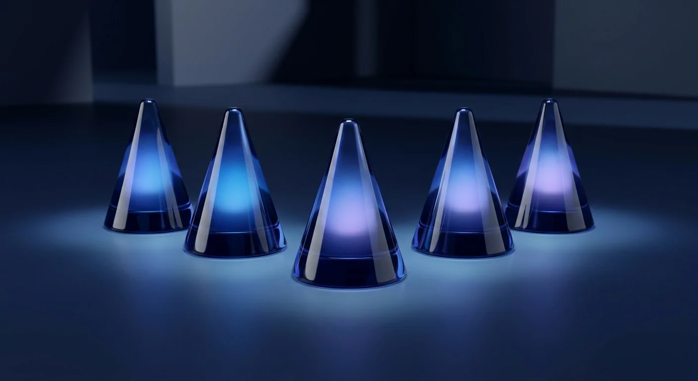 Five abstract glass caution cones arranged in a soft arc on a navy floor