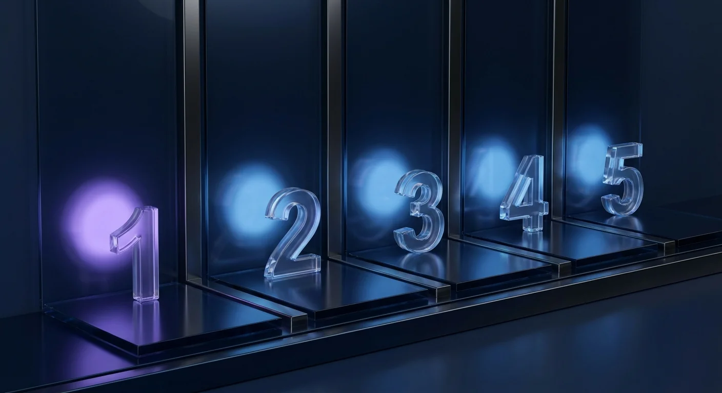 Five glass number markers in a row on a dark platform, one highlighted in violet