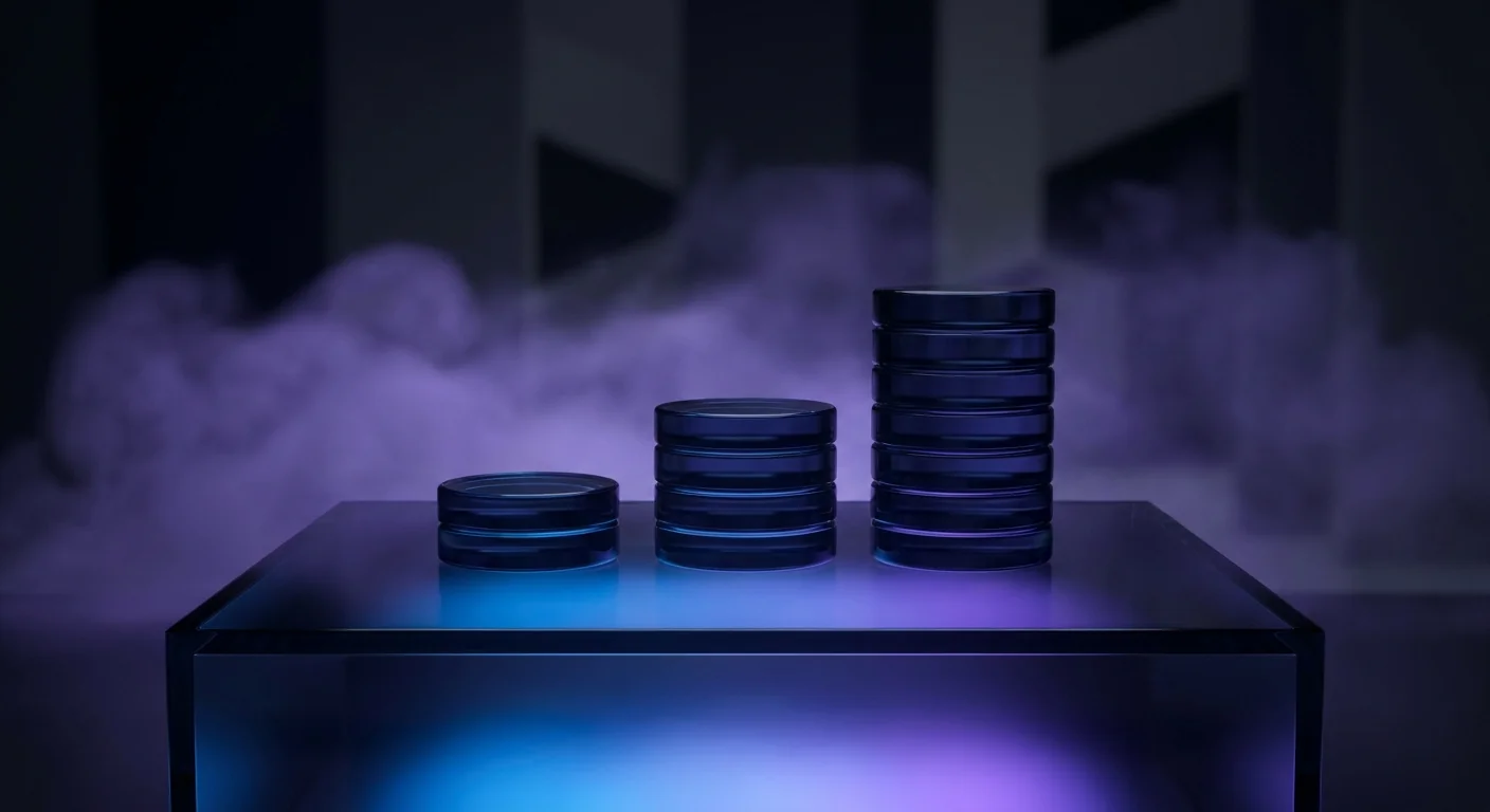 Three glass coin stacks of different heights on mirrored plinth with violet mist