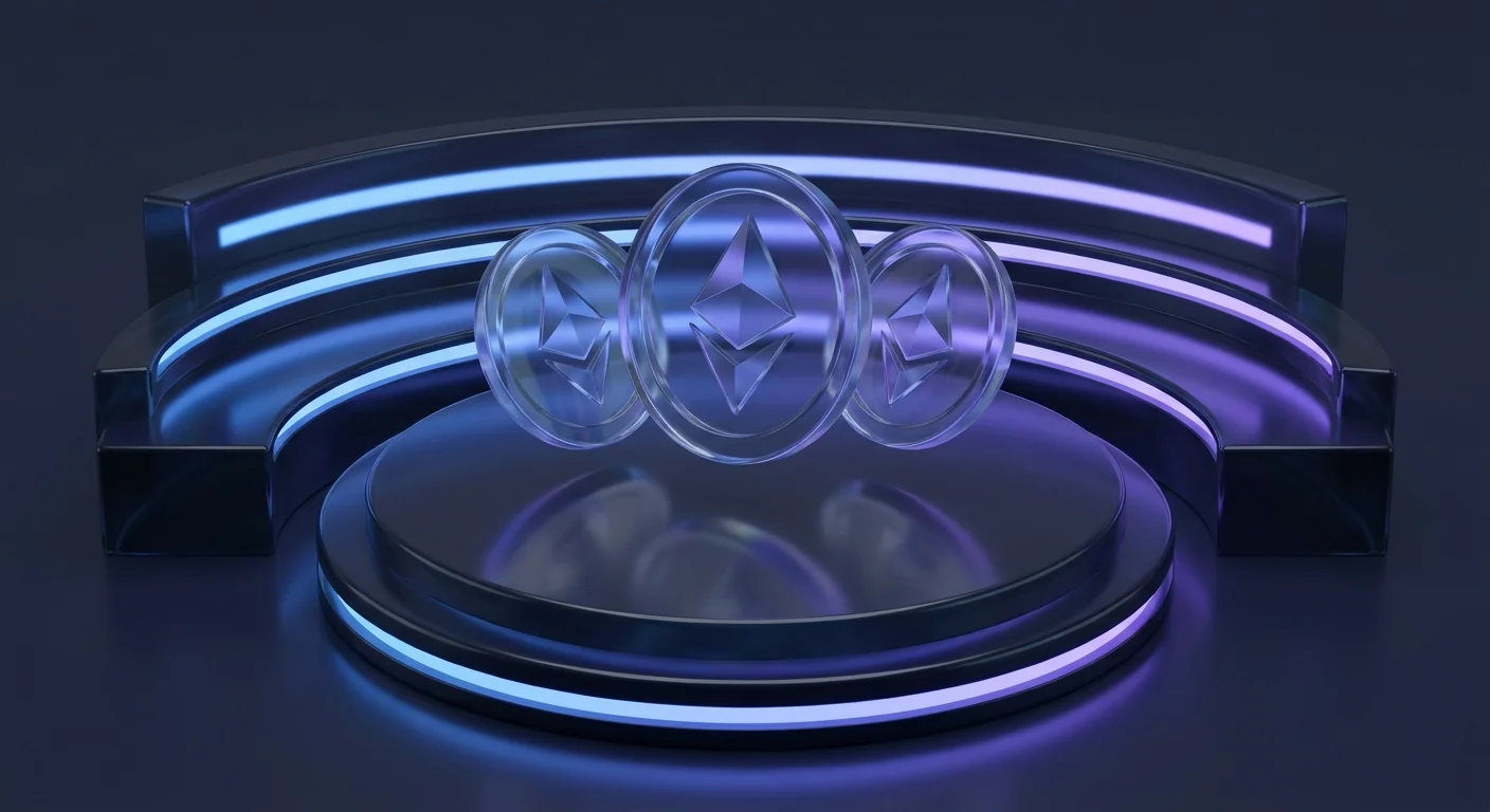 Three glass coins on a tiered dark podium with blue and violet gradient light