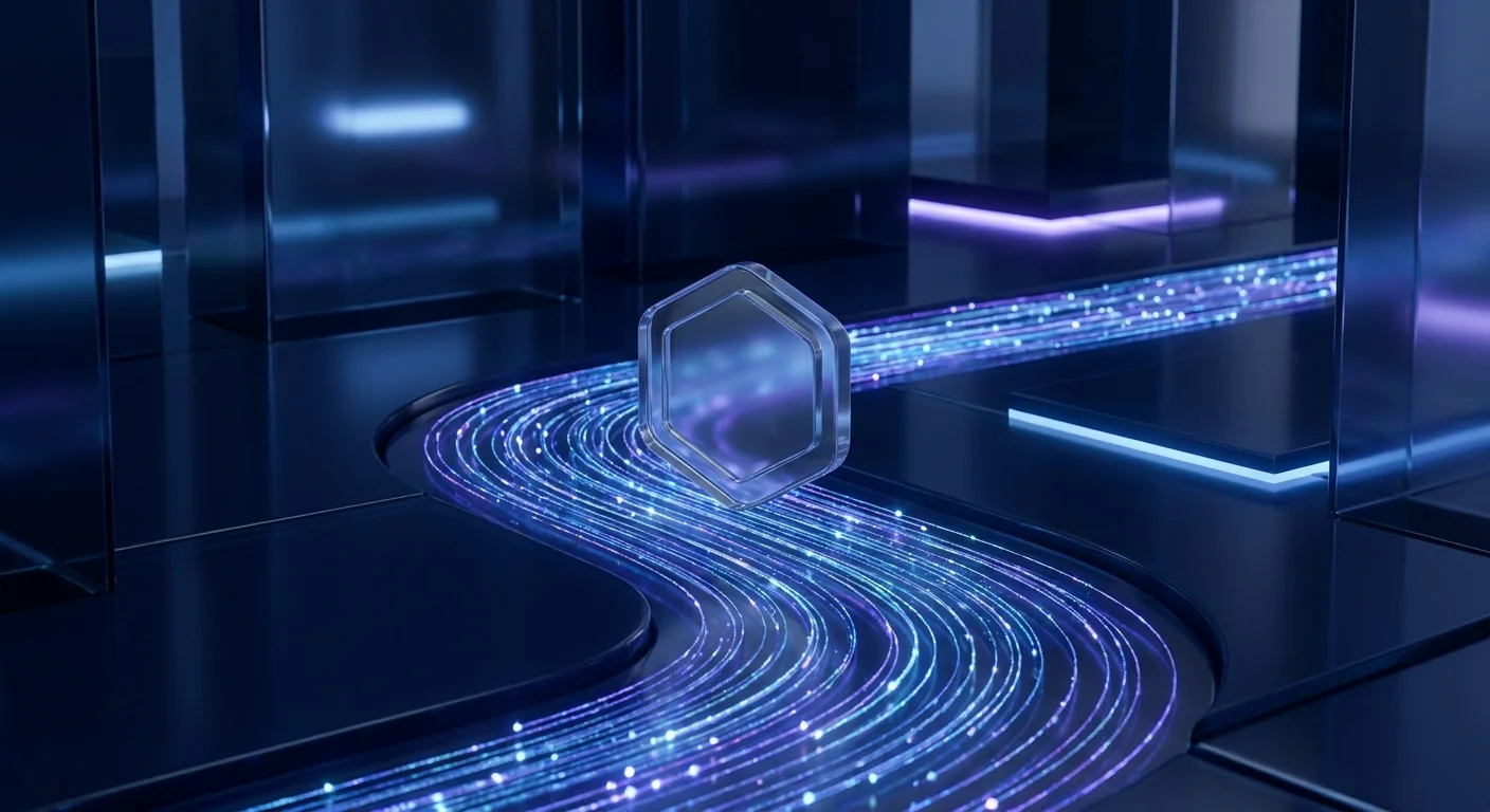 Hexagonal glass token spinning above flowing stream of blue-violet light particles