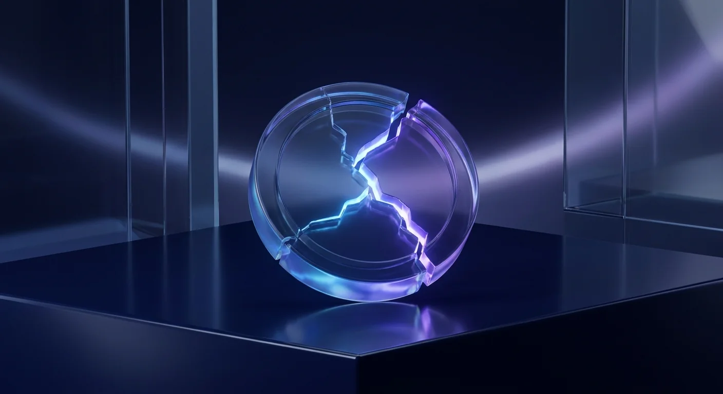 A cracked glass coin on a dark reflective surface with soft violet light escaping