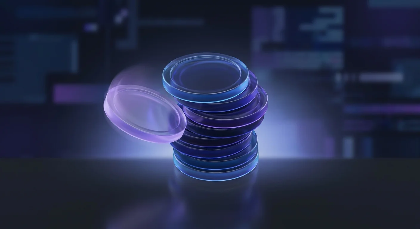 Stack of abstract glass coins slightly tilted with one coin falling away