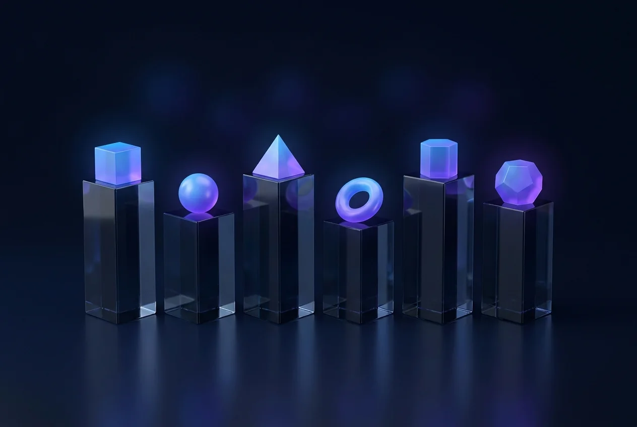 Six glass pedestals holding glowing tokens at varying heights