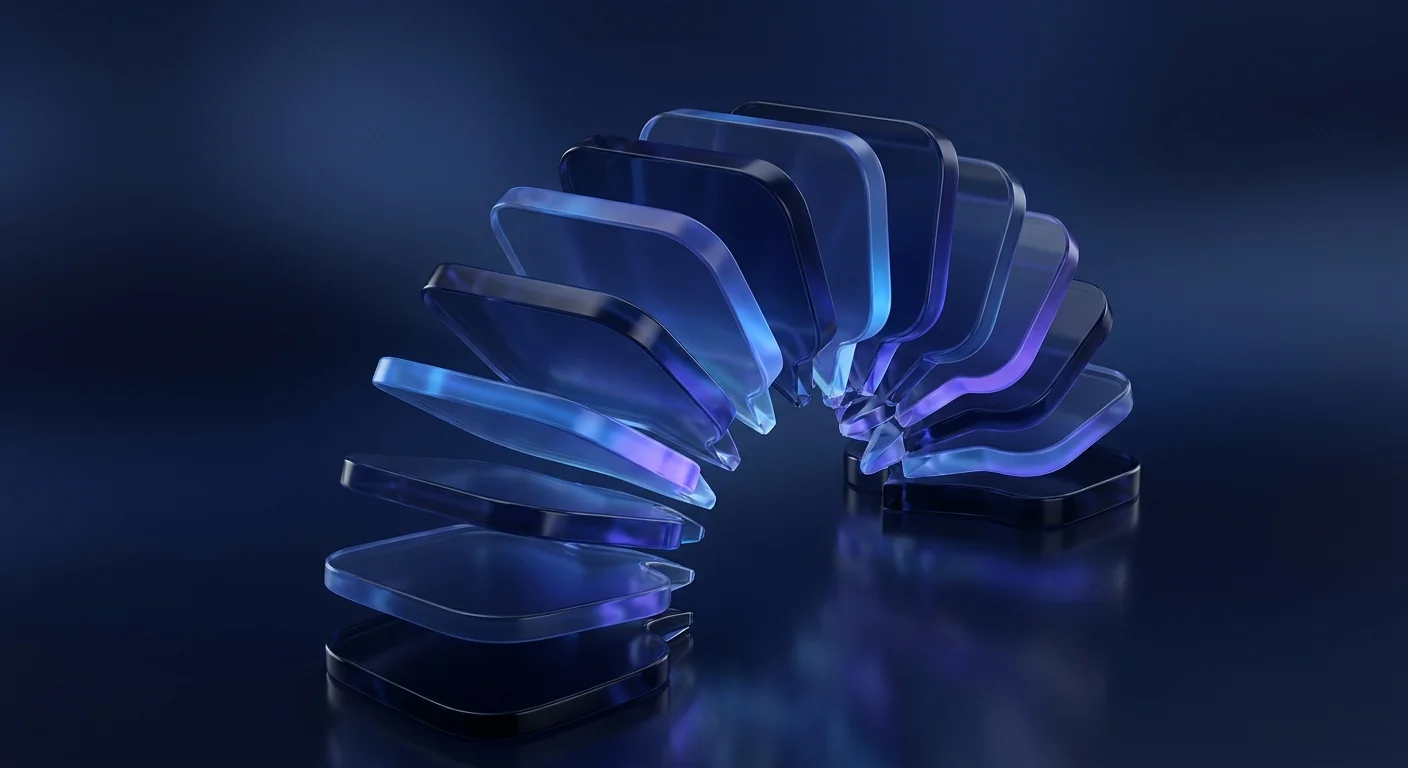 Abstract glass speech-bubble shapes stacked in a rising arc under gradient light