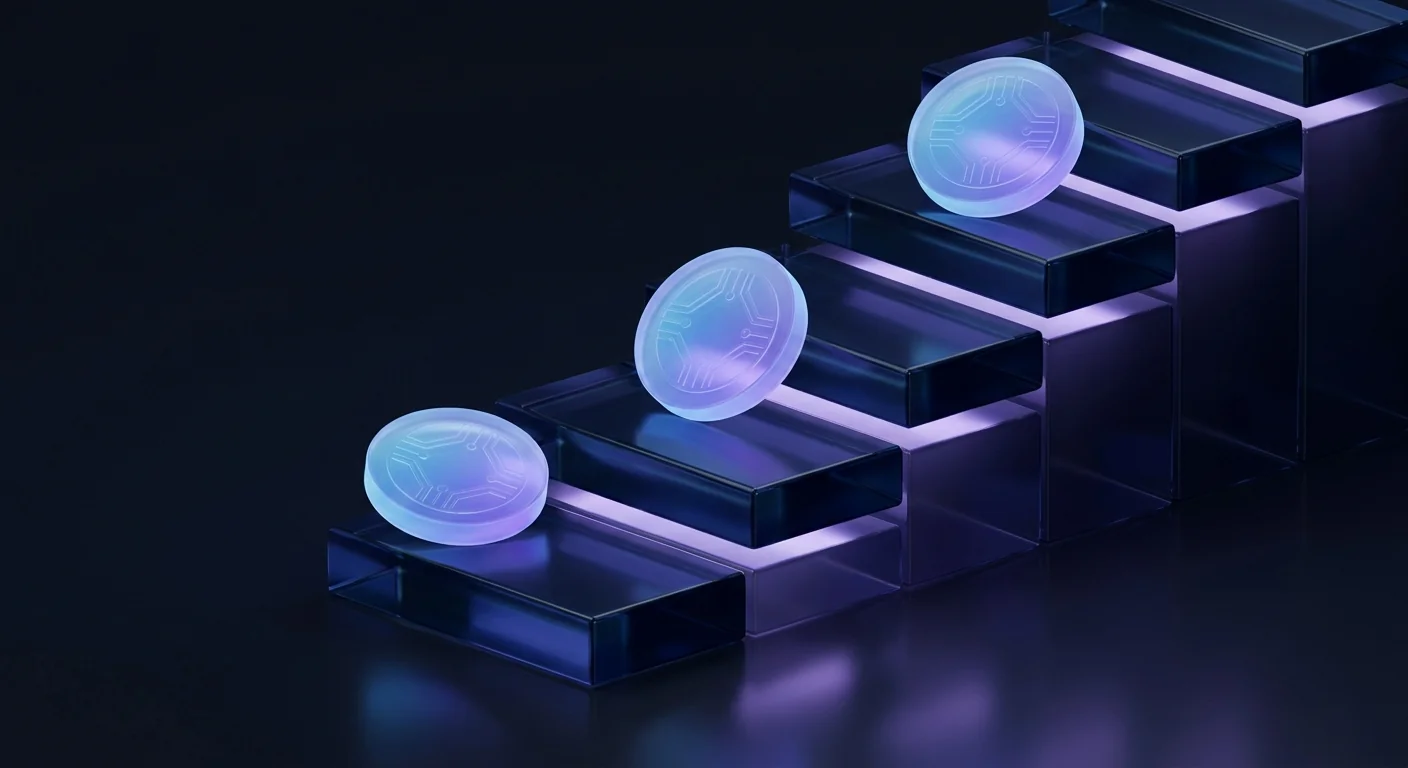 Three glass coins on a rising staircase with soft violet light spilling around each step