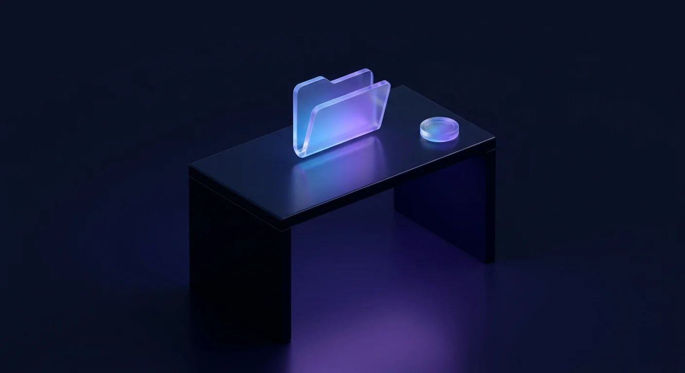 A glass folder icon with a small glass coin resting on top on a dark desk