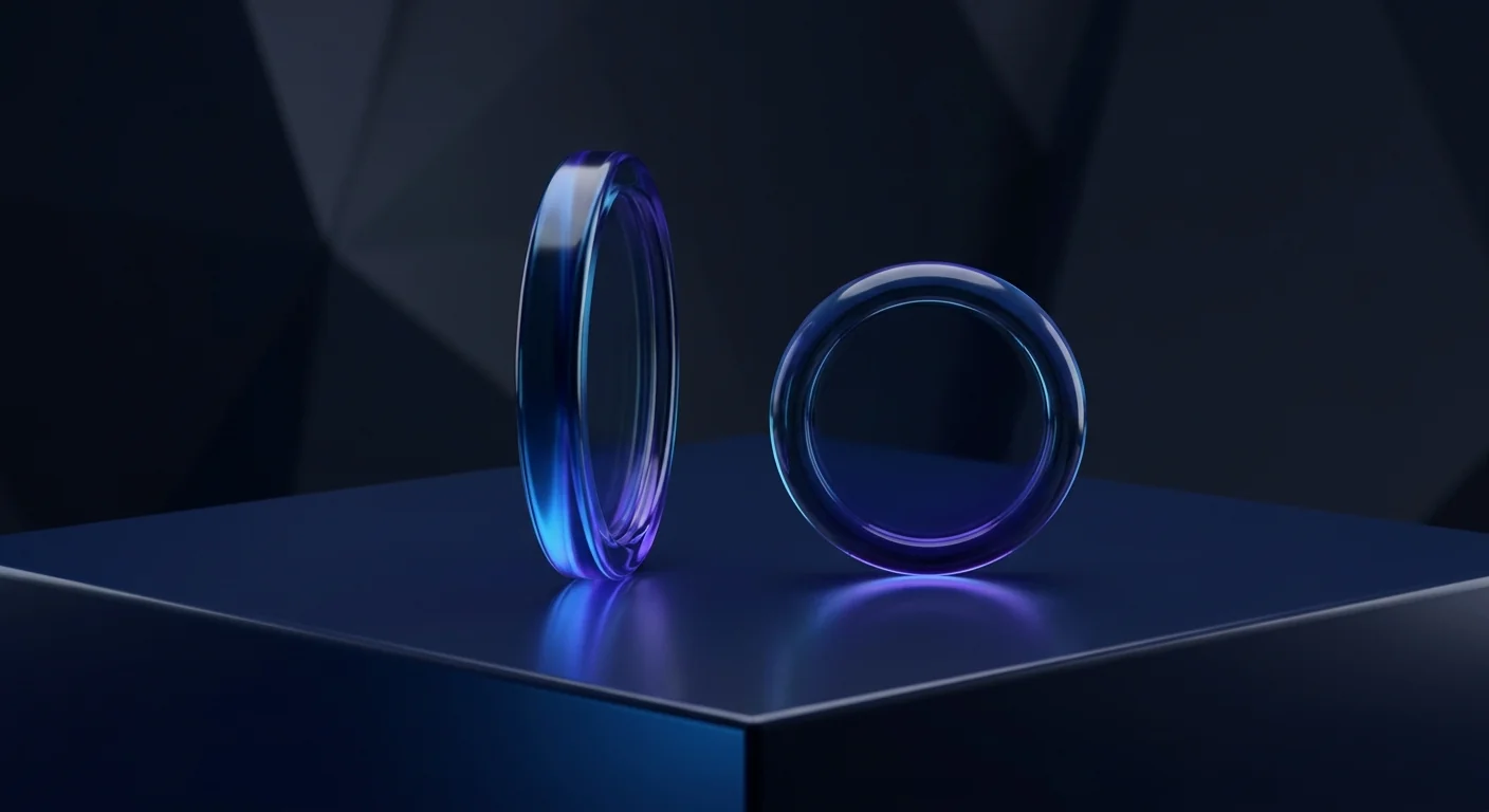 Two abstract glass coins compared side by side on a dark reflective surface