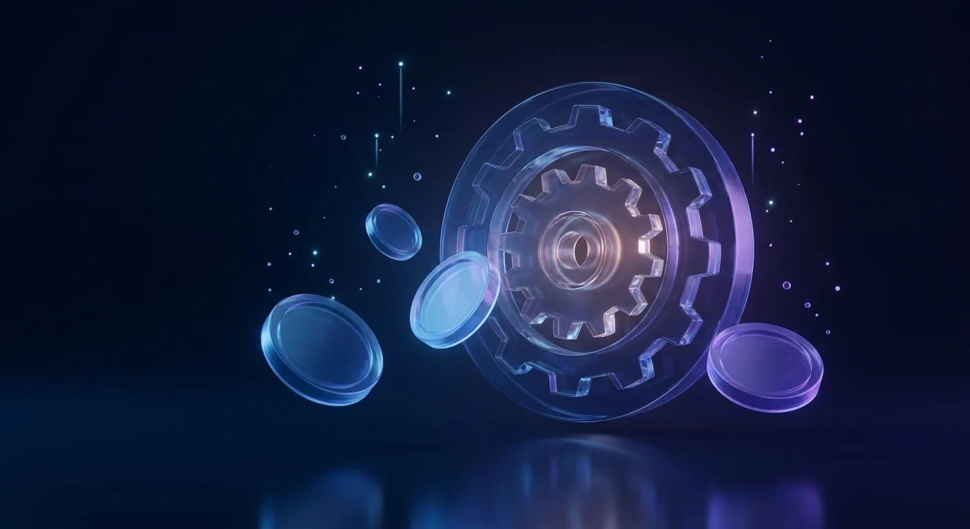 Glass gear rotating behind translucent coin shapes with light particles rising