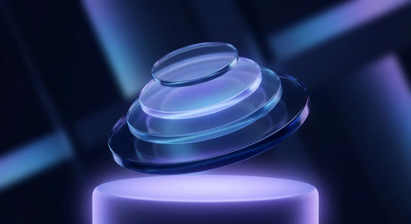 Stack of thin glass discs of increasing size floating above a soft violet base