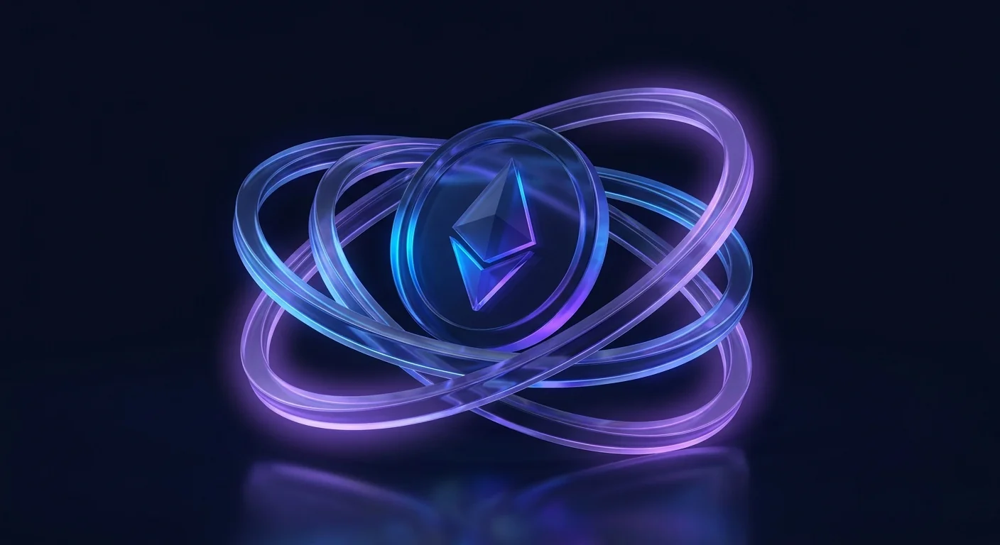 A glass ETH coin ringed by three orbiting layers on a dark navy background