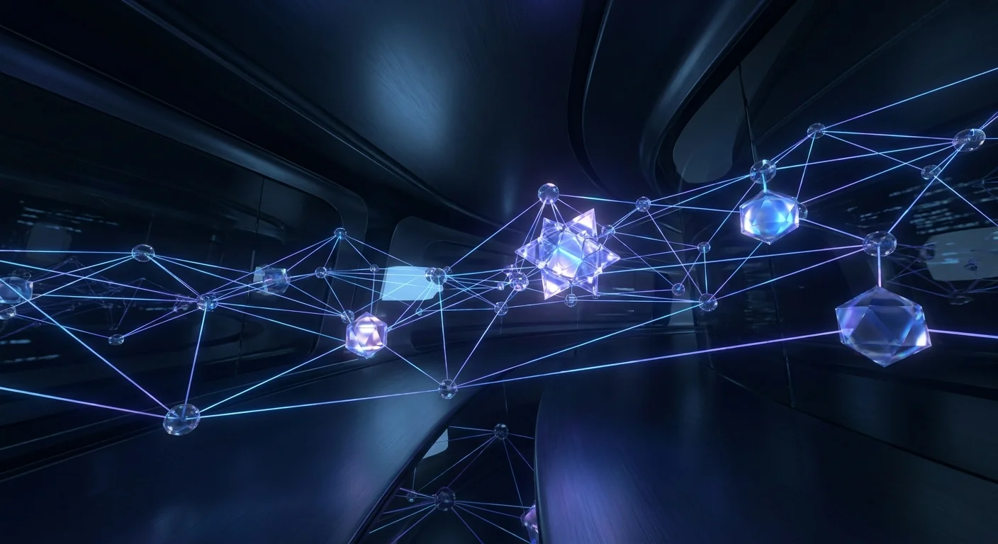 A dark network of small glass nodes with a few larger nodes glowing brighter