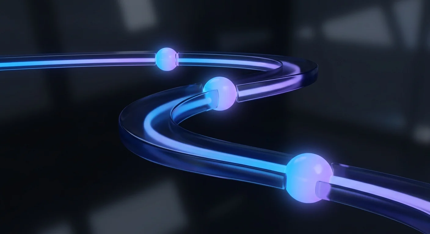 A curving glass timeline path with three glowing waypoint nodes on a dark background