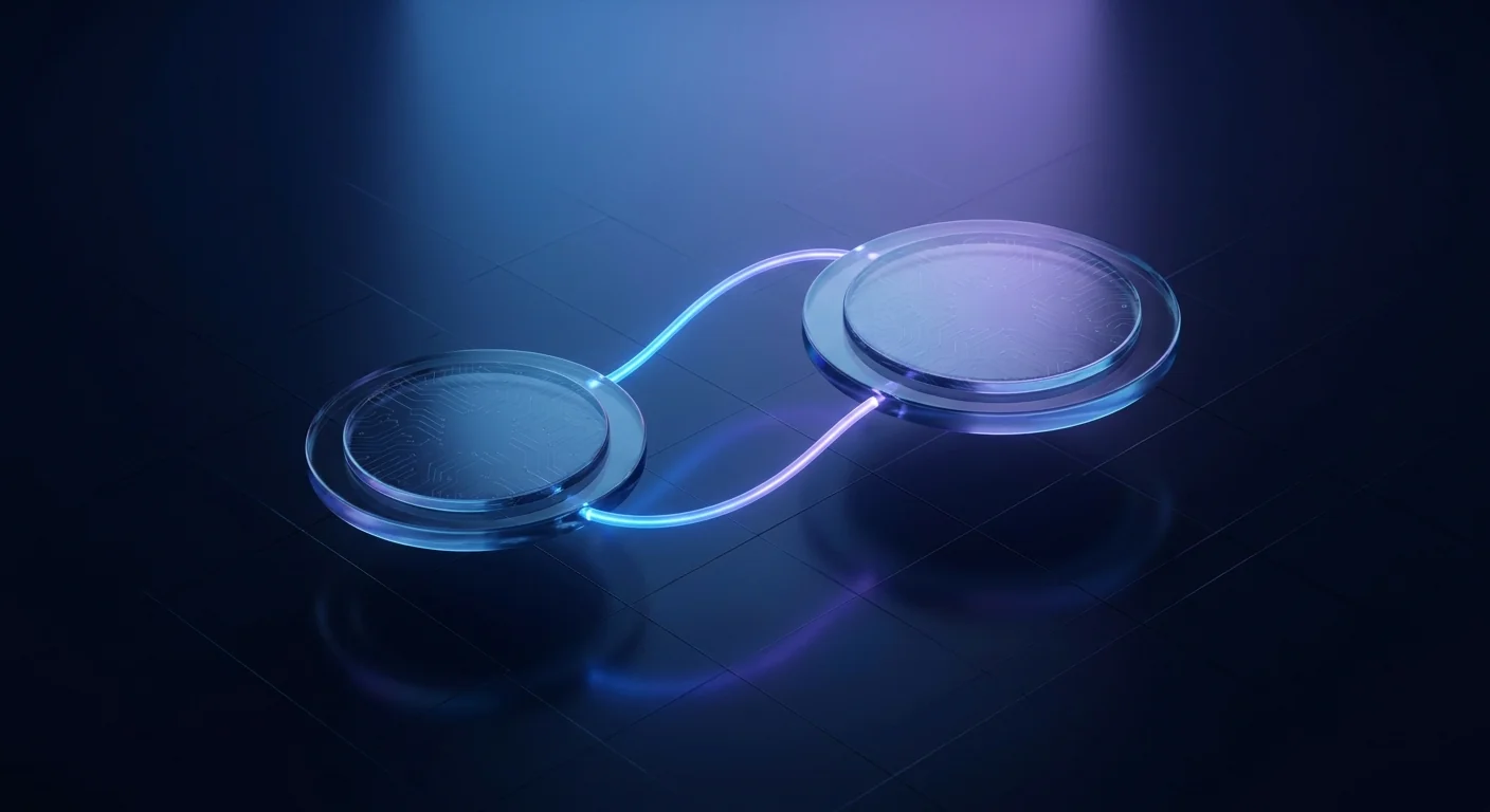 Two glass coins linked by a glowing cord in balance above a dark grid