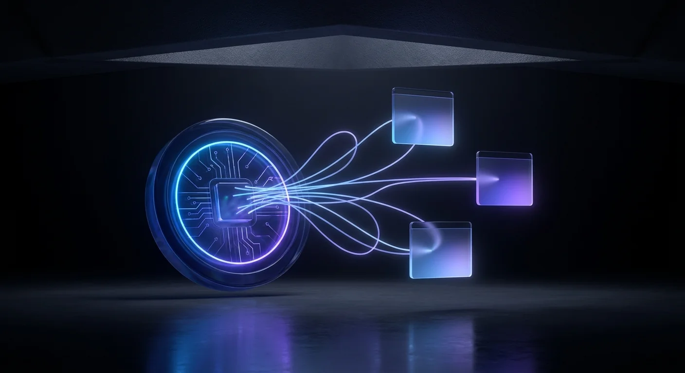 Glass token disc with light trails looping to three small satellite panels