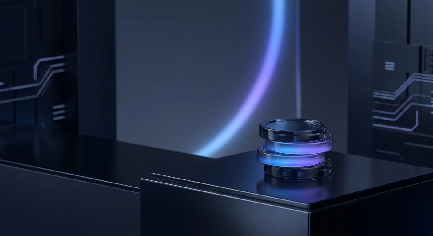 Small stack of glass coins gaining height under soft violet upward arc