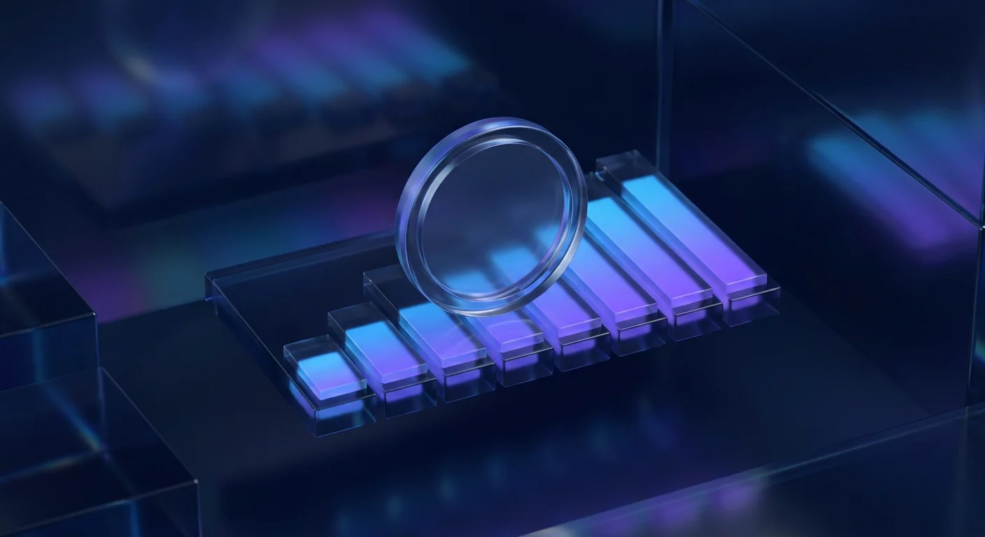 A translucent coin resting on a softly glowing rising bar chart
