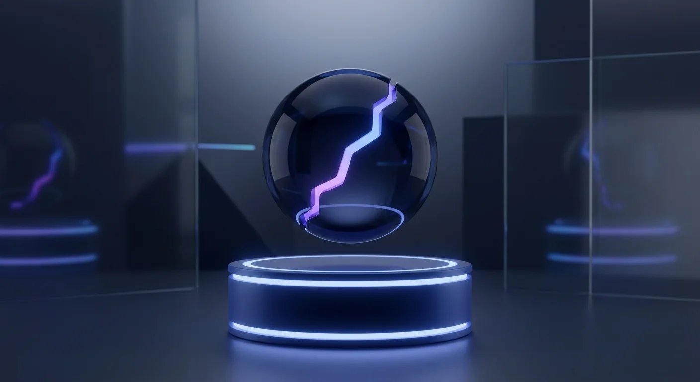 Abstract glass sphere with a small violet crack hovering above a navy pedestal