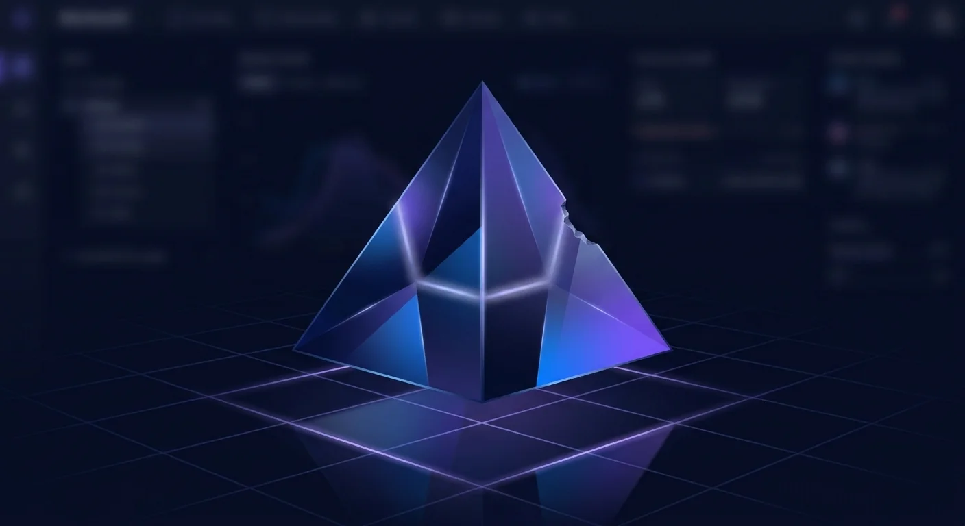Abstract glass pyramid with a small chip missing hovering over a navy grid