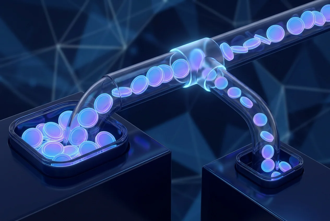 Glass pipeline splitting a coin stream into a large share and a small fee slice