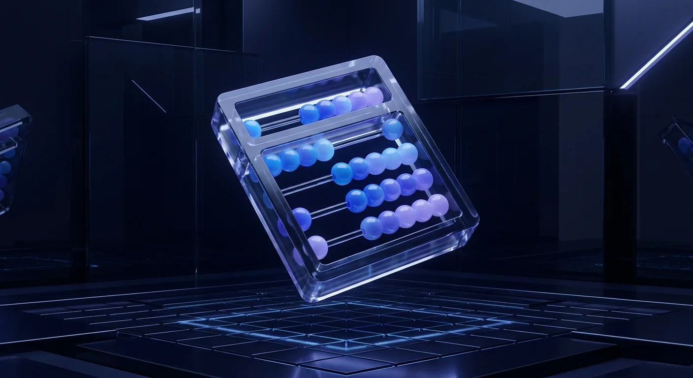 Glass abacus with tilted rows of blue and violet glowing beads over dark grid