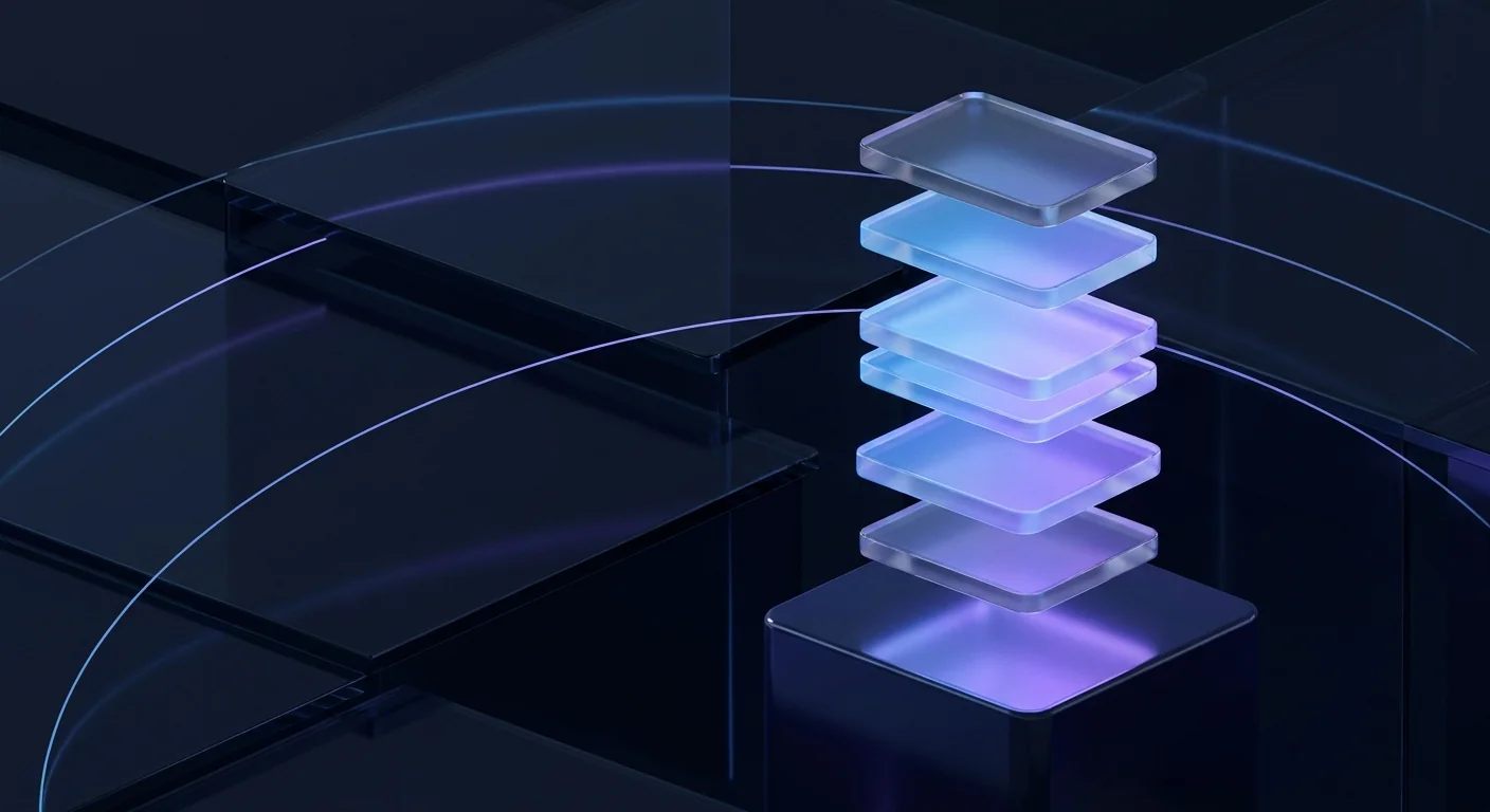 Floating glass checklist tiles above a navy pedestal with soft violet light between them