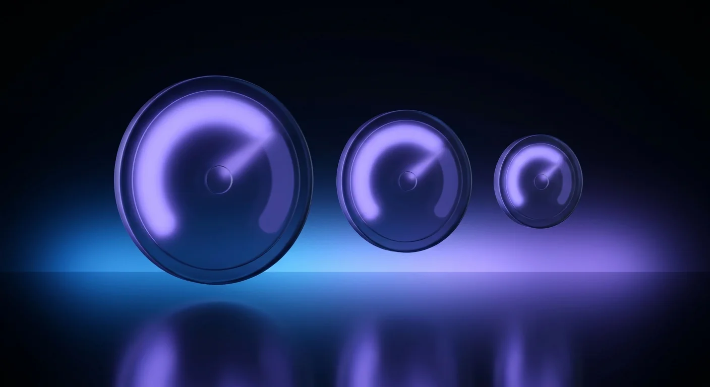 Three glowing glass gauges of different sizes floating above a reflective dark surface