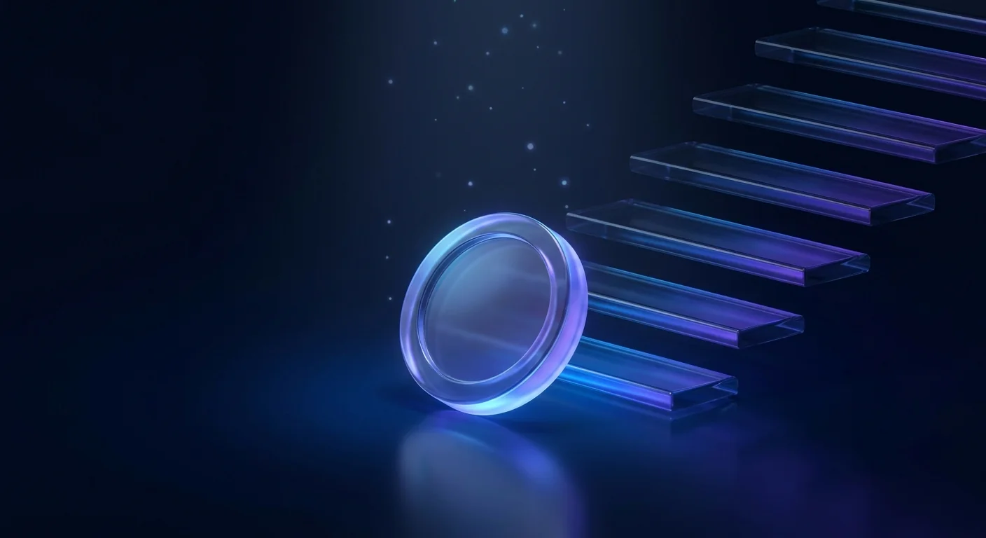 Glass coin at base of rising violet staircase with drifting particles