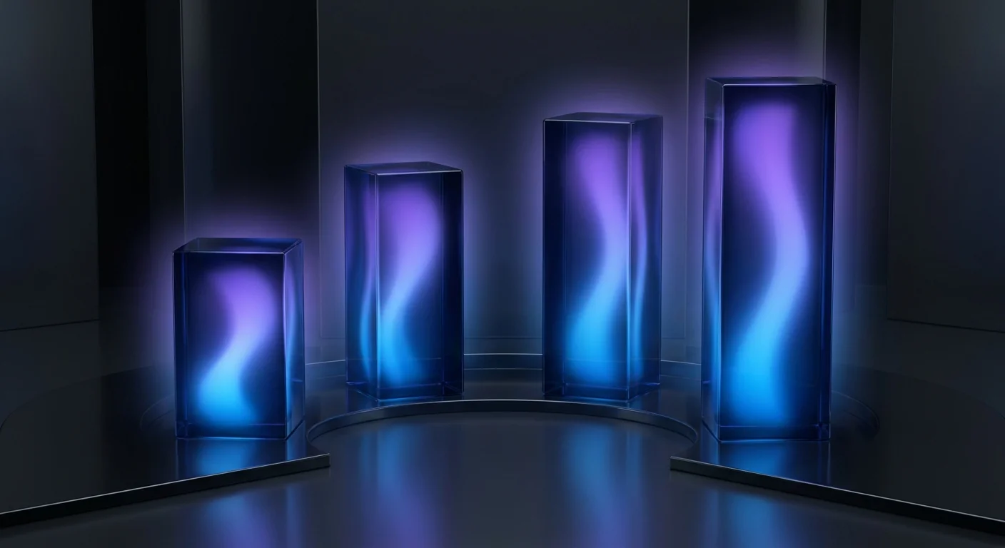 Four glass pillars of different heights arranged in a semicircle with soft glowing light