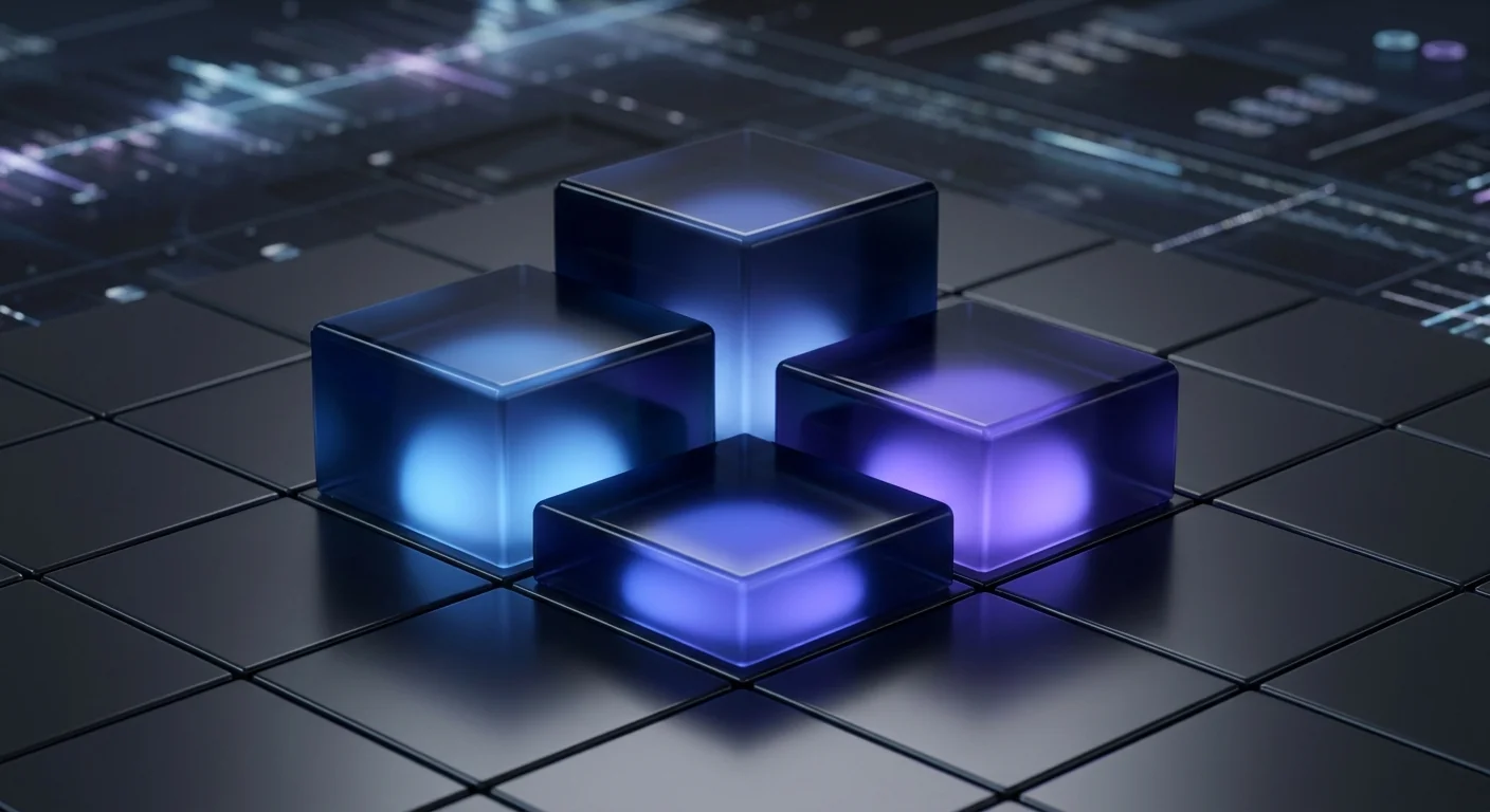 Four glass tiles of different heights on a dark grid, each softly glowing