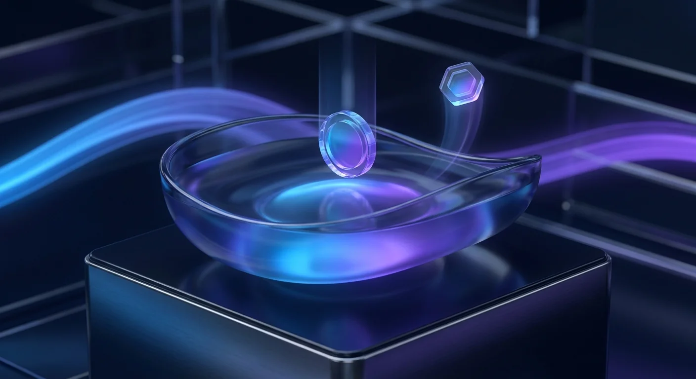 Curved glass staking pool with a coin descending and a receipt token rising out