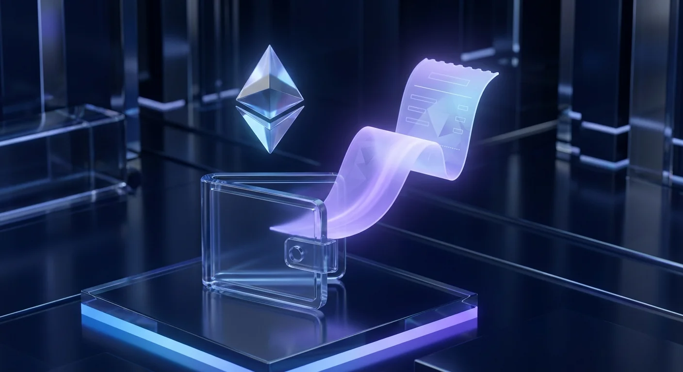 Glass diamond above an open wallet with a receipt slip lifting on violet light