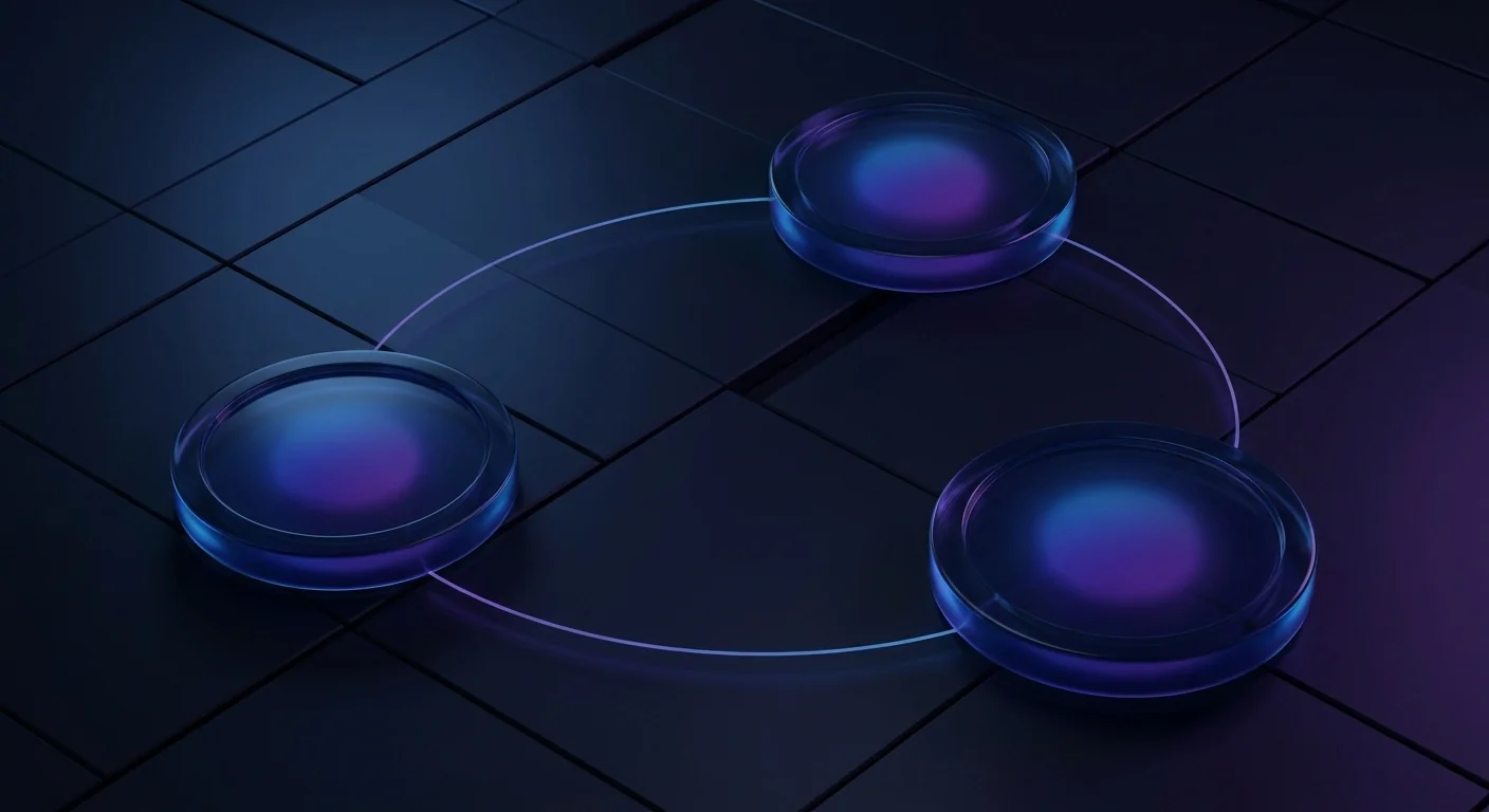 Three glass tokens connected by faint glowing lines on a dark grid surface