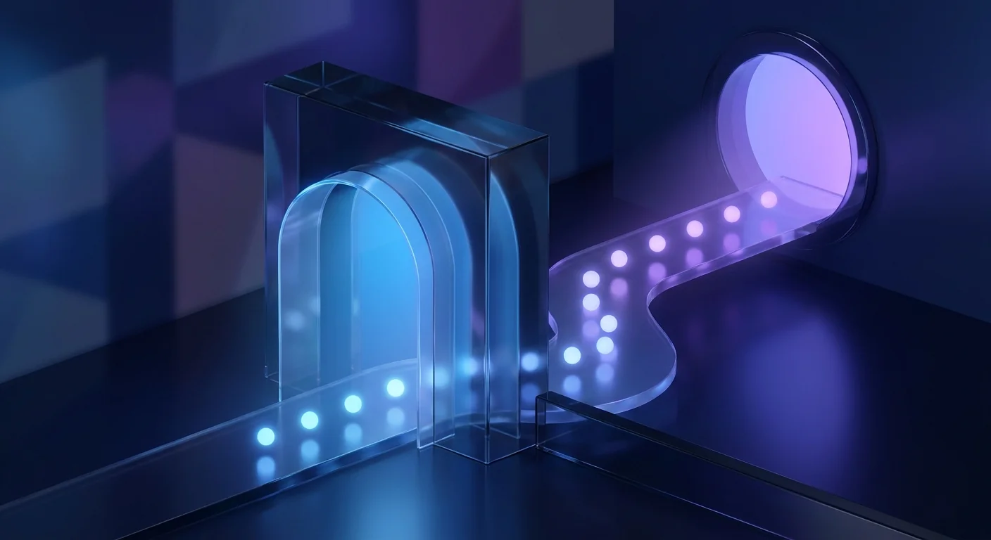 Abstract glass gateway with a soft blue queue of glowing orbs flowing to a violet portal