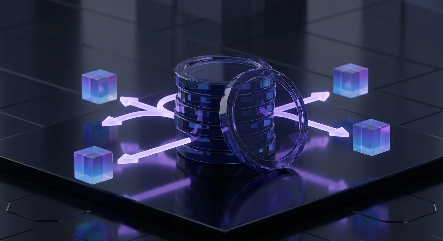 A glowing coin stack with violet arrows branching out into smaller floating cubes