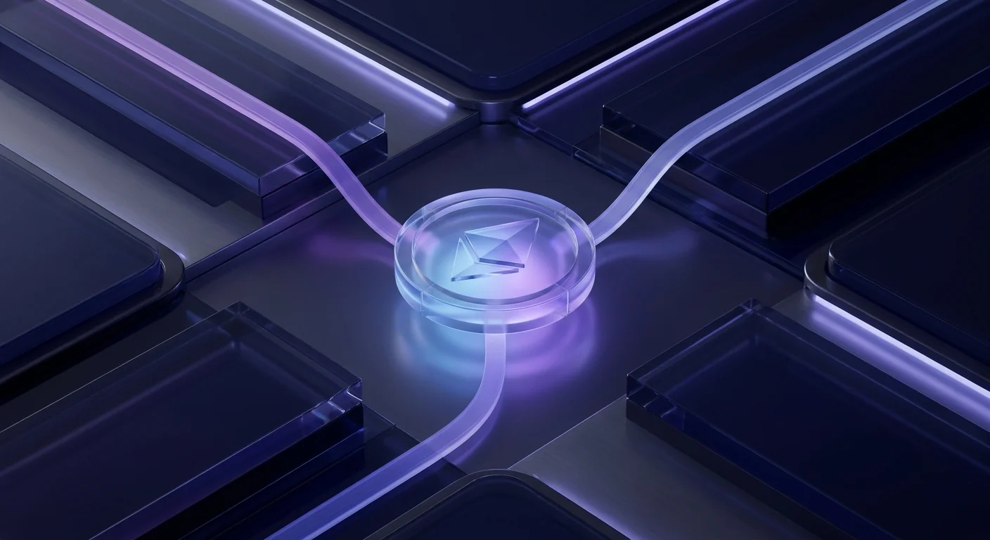 Glass coin at center of three converging violet light streams