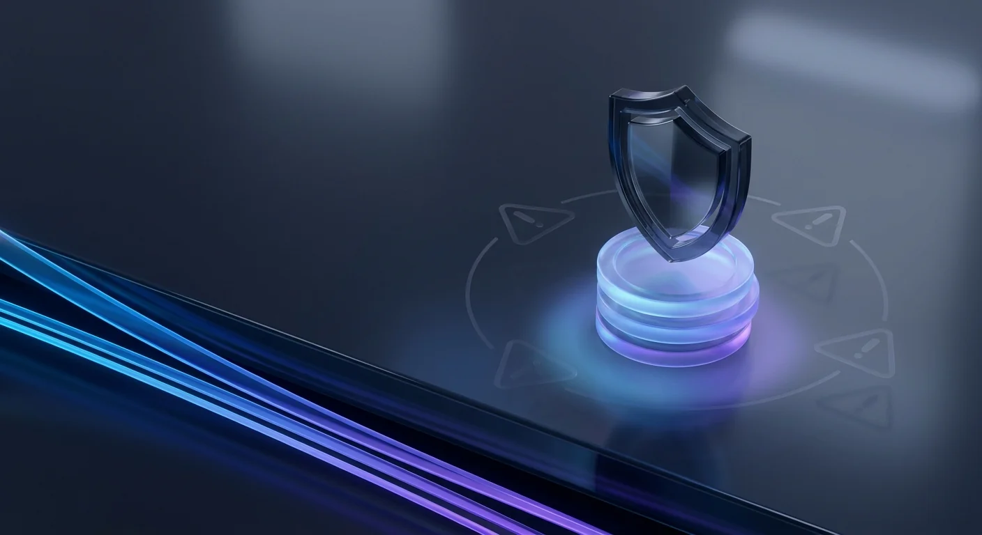 Glass shield hovering above stacked glowing coins with faint warning arrows