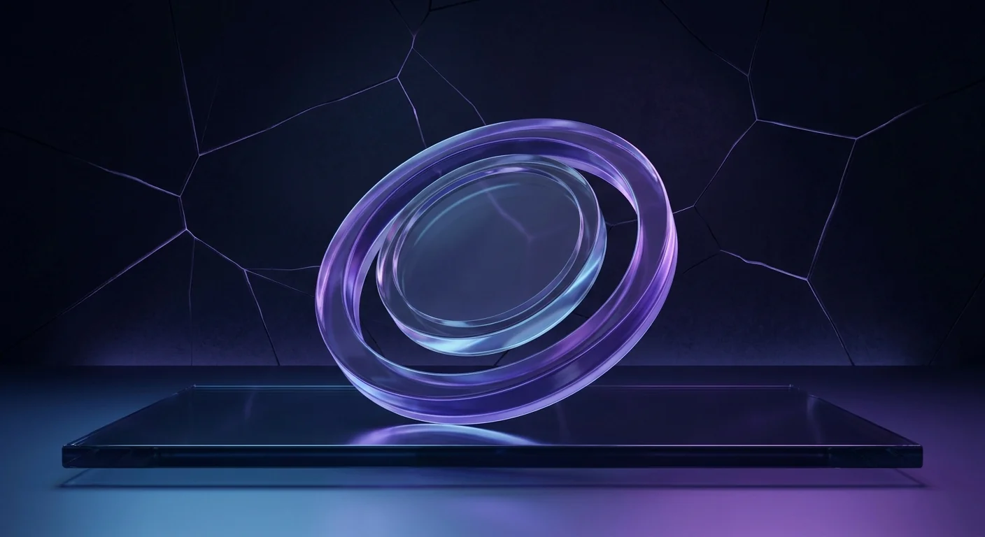 Glass coin inside protective violet ring against a subtly cracked backdrop