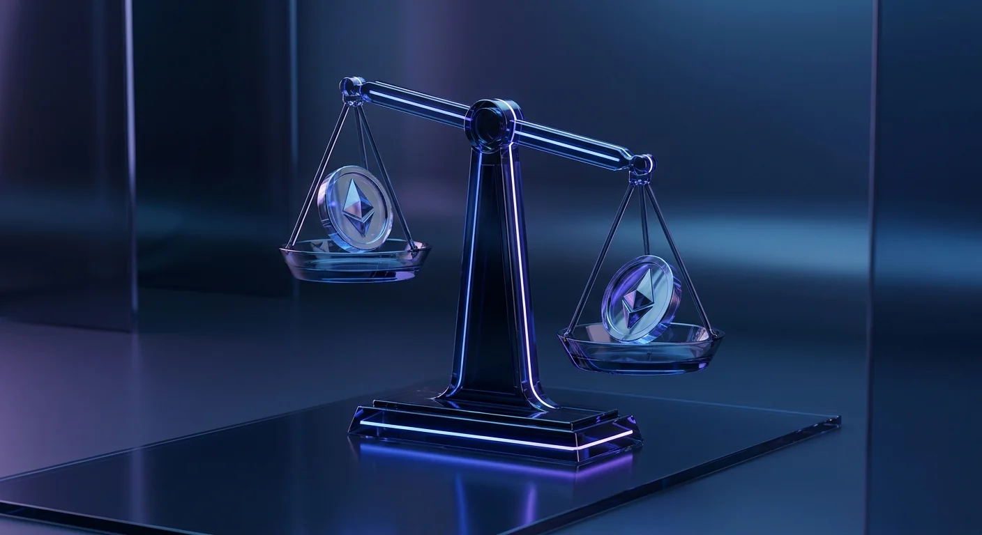 Glass balance scale with abstract coin on each side under blue-violet light