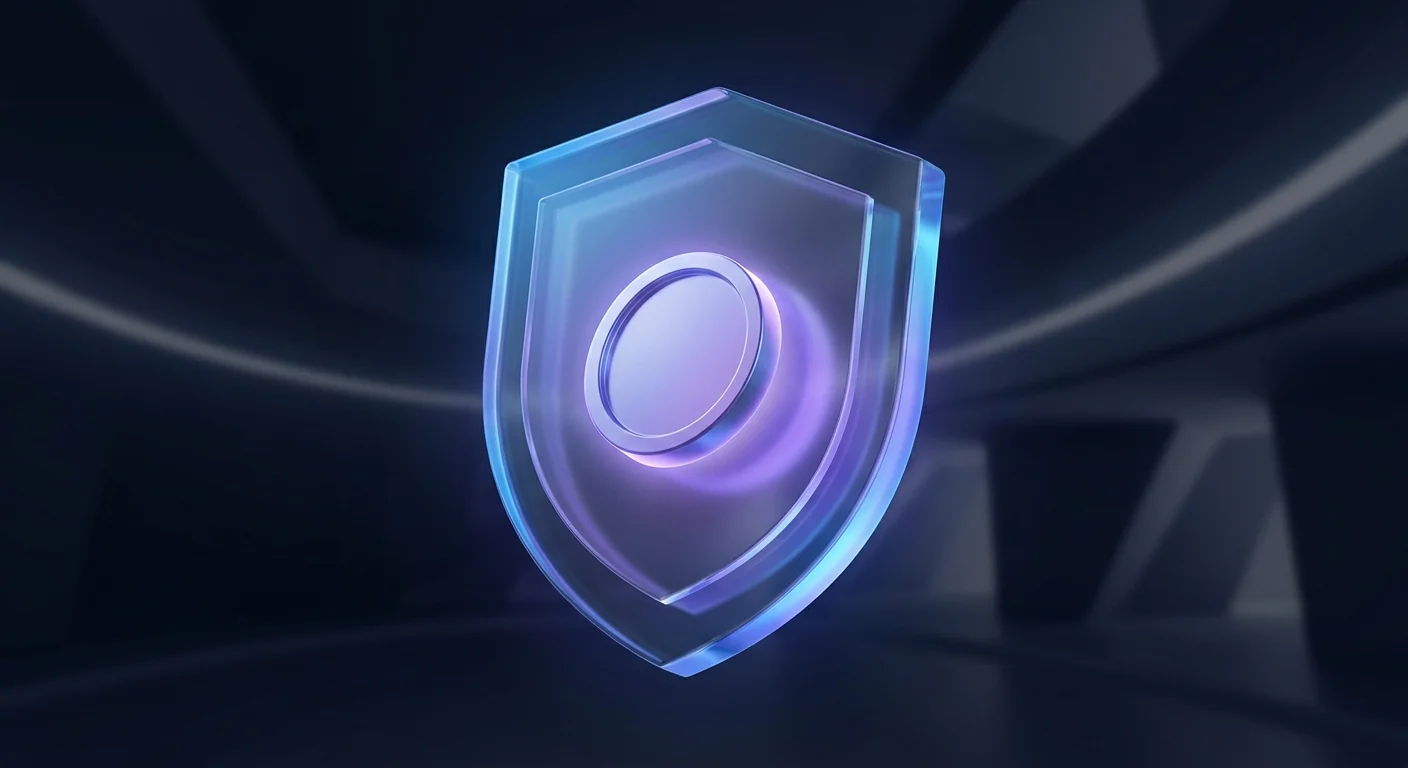 Abstract glass shield with coin suspended in center under soft violet halo