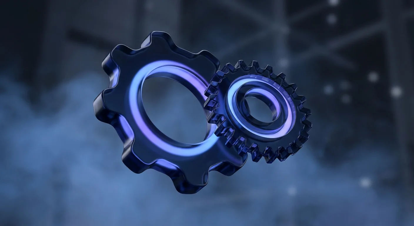 Two abstract glass gears interlocking one large smooth one smaller detailed