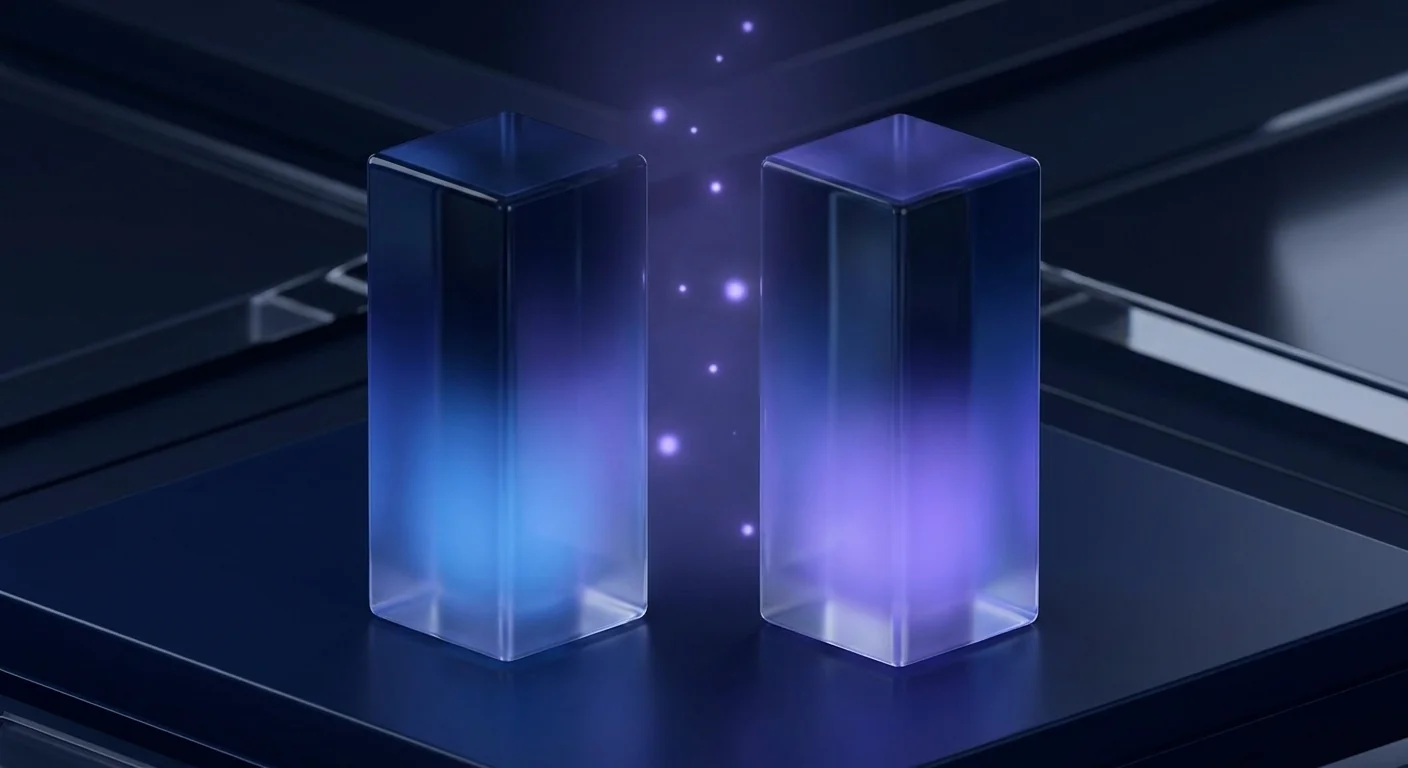 Two abstract glass bars of similar height rising side by side with violet particles