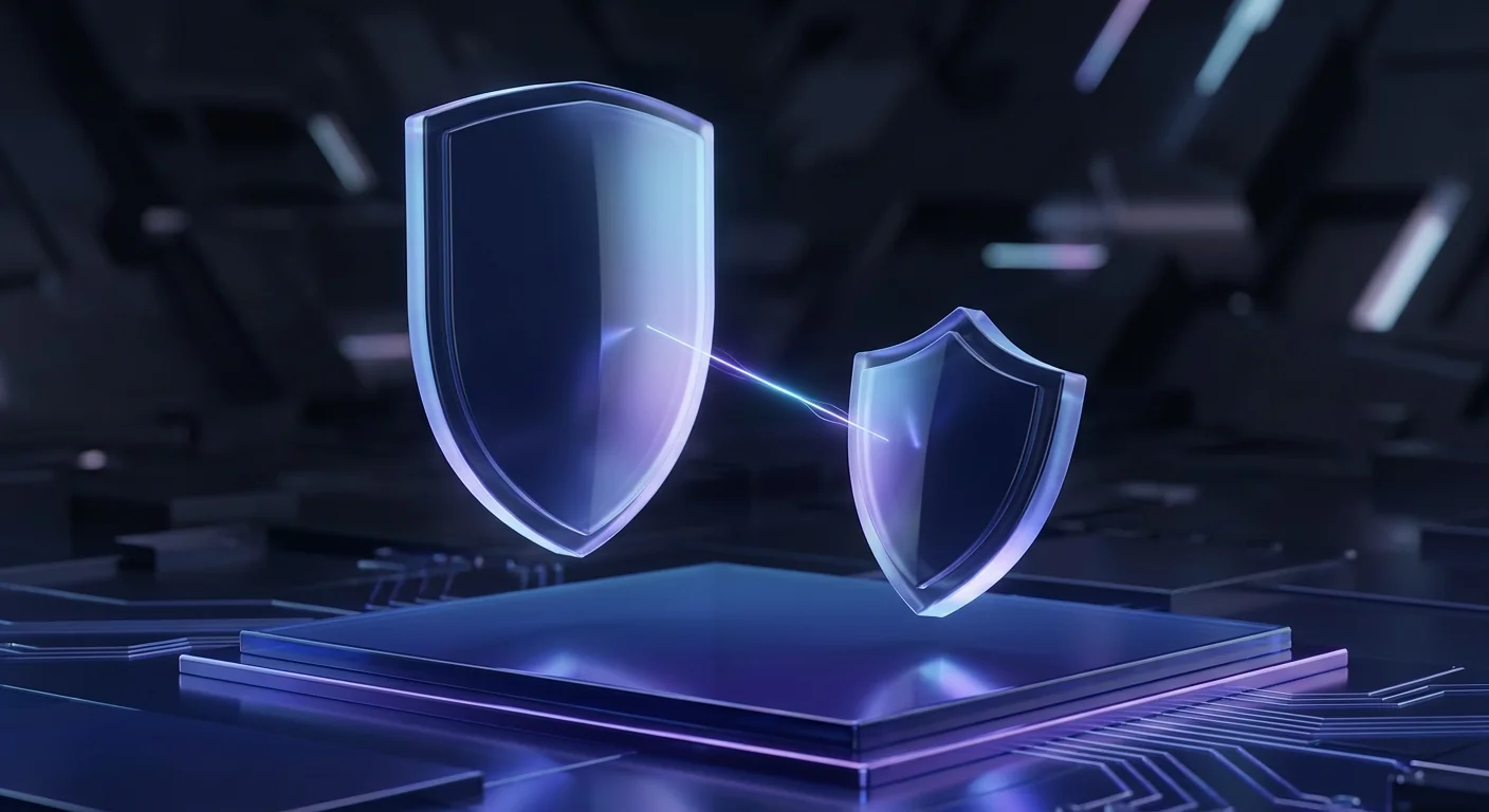 Two abstract glass shields facing each other connected by a beam of blue violet light
