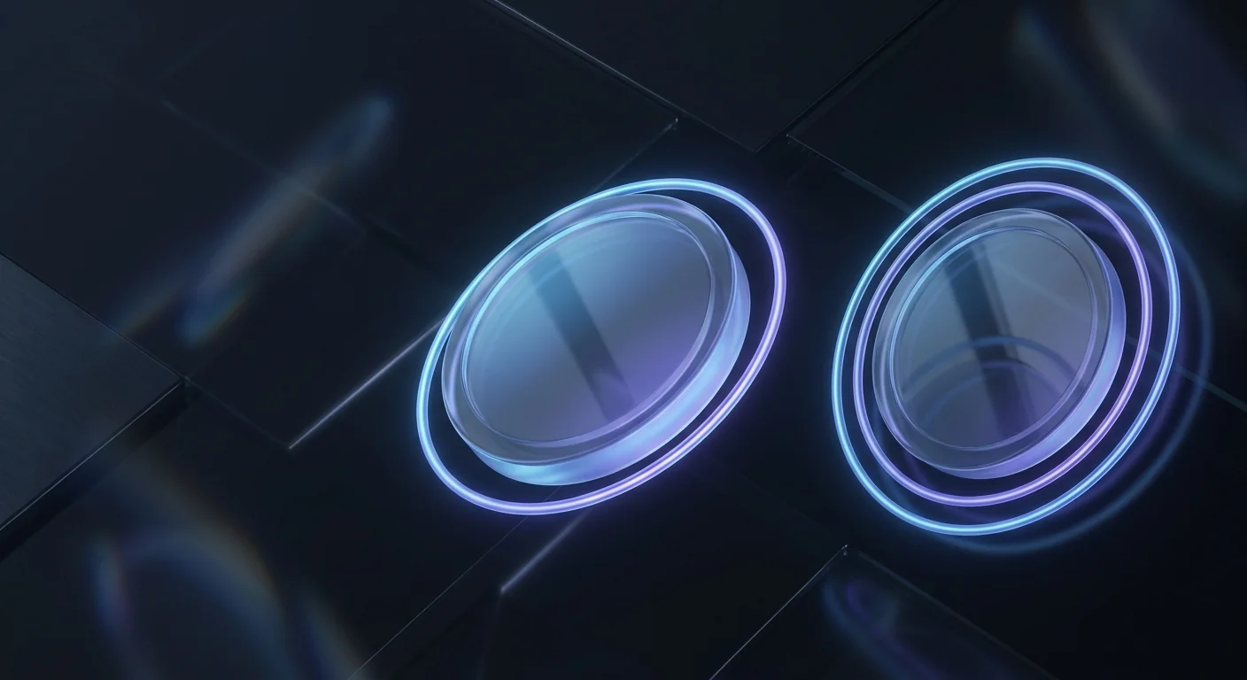 One glass coin with one ring next to a glass coin with three concentric rings