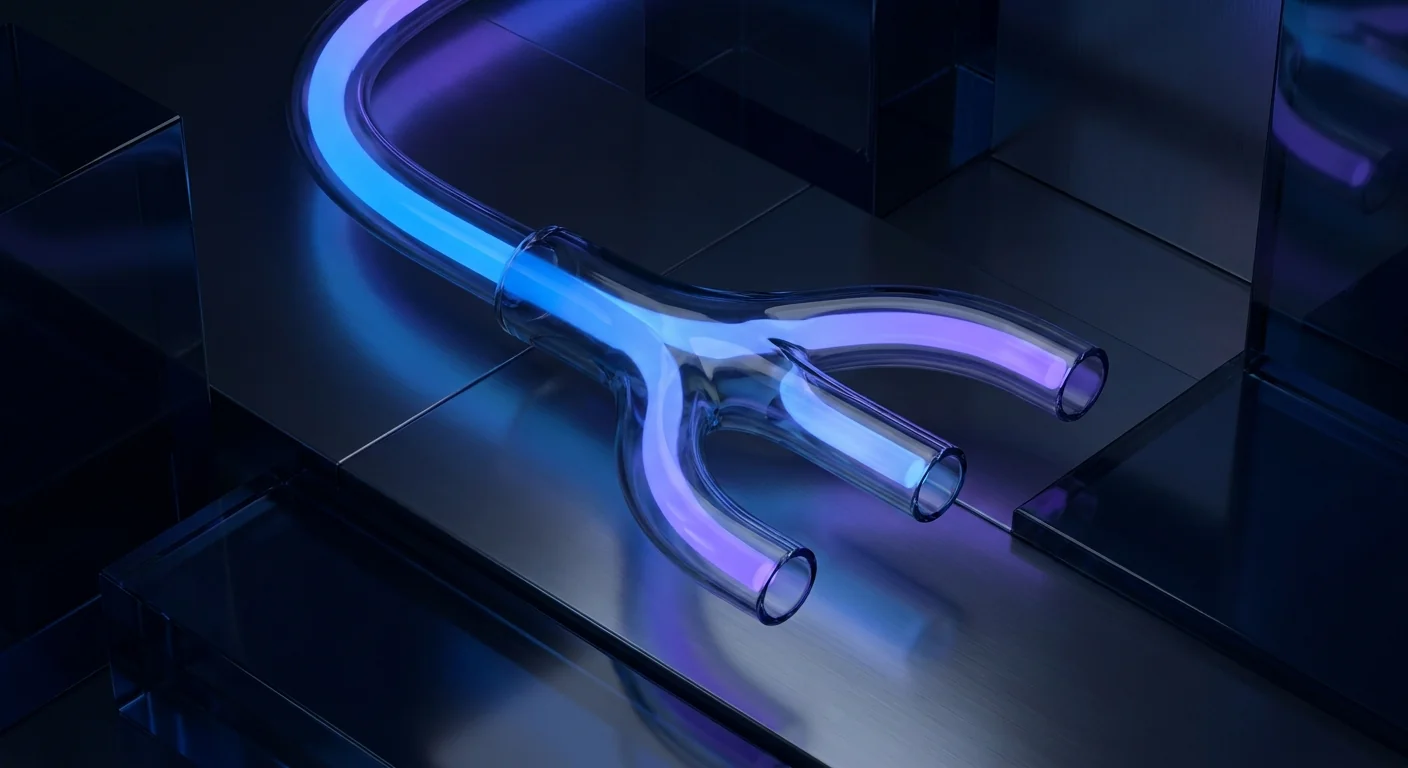Abstract glass pipes splitting a single stream of light into three smaller streams