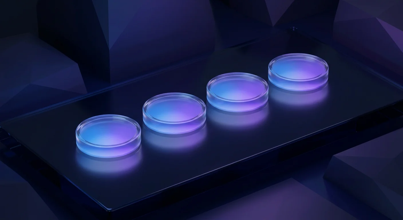 Four glass token discs in a row each glowing with a slightly different violet hue