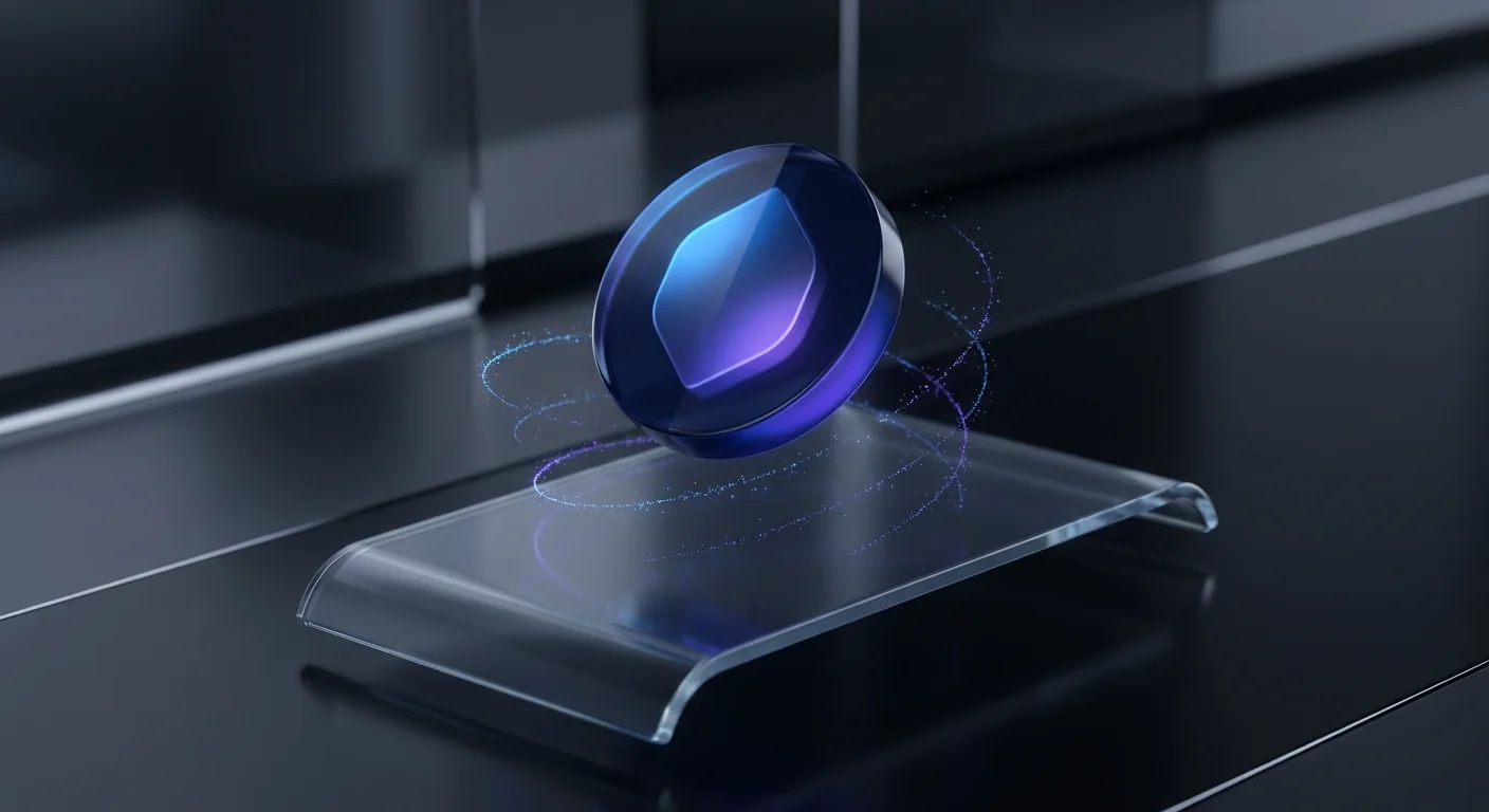 Abstract glass token hovering above receipt-shaped platform with light particle trails