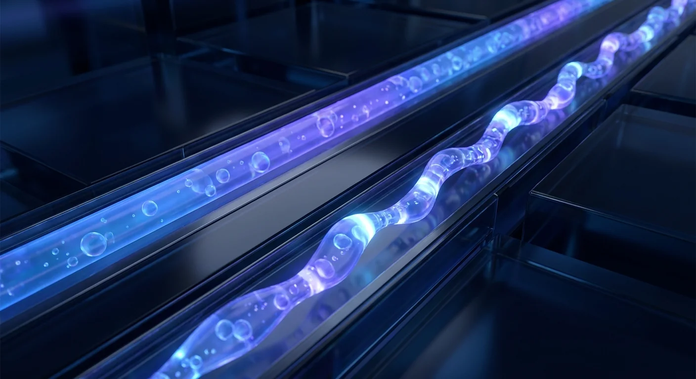 Two parallel glass channels of flowing beads, one even and one pulsing