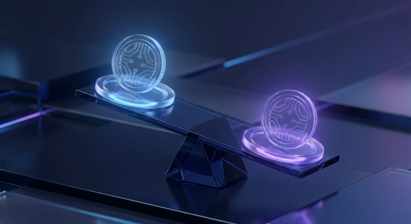 Two glowing glass coins balanced on a scale tilting slightly to one side